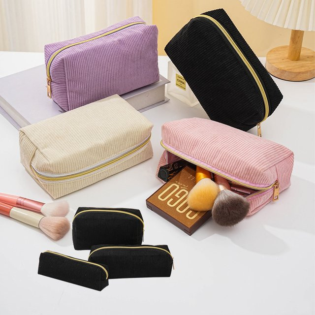 Wiederverwendbare Kosmetiktasche aus Cord für Damen und Kinder in Beige mit Reißverschluss als Reise-Make-up-Etui oder Federmäppchen - Bild 1