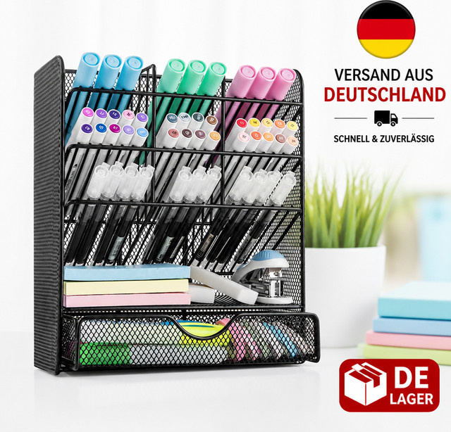 Metall-Schreibtischorganizer in Schwarz mit mehreren Fächern und Schublade für Büro und Schule - Bild 1
