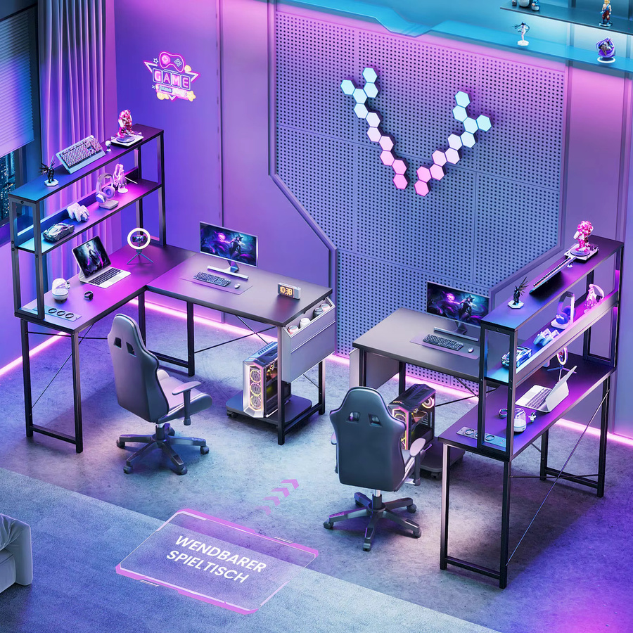 ThomP L-förmiger Gaming Schreibtisch in Schwarz mit RGB LED Beleuchtung, Regal und integrierter Steckdose, Breite: 148 cm - Bild 2