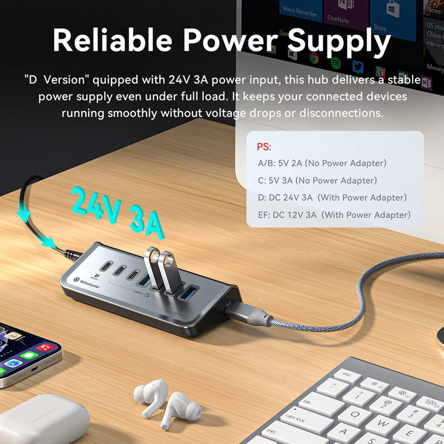 Yottamaster 7-Port USB 3.2 Dockingstation mit 10Gbps Datenübertragung und 60W PD Typ-C Anschluss für PC und Laptops - Bild 4