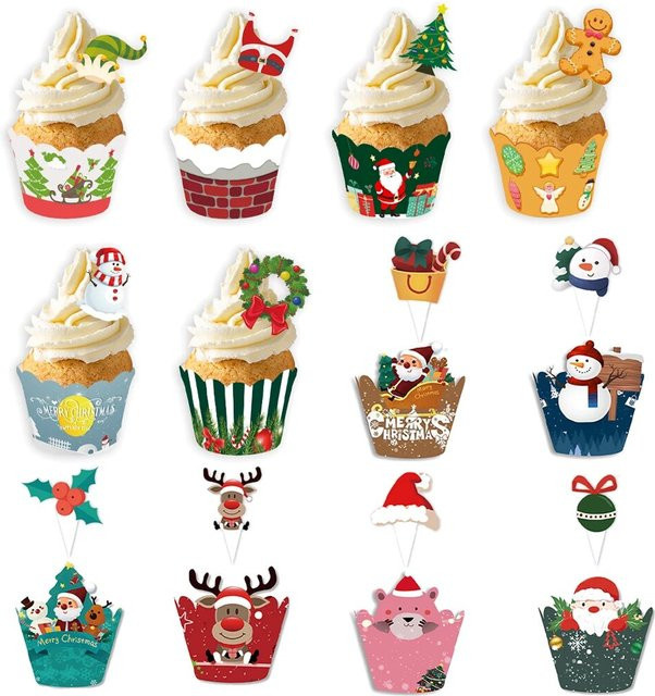 6er Set Weihnachtliche Cupcake Wrapper und Kuchen Topper mit Santa Claus und Weihnachtsbaum Motiven in Rot und Mehrfarbig aus Papier - Bild 1