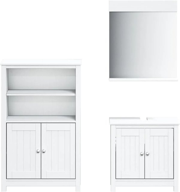 vidaXL 3-tlg Badmöbel-Set BERG aus Massivholz Kiefer in Weiß, bestehend aus Waschtischunterschrank, Hochschrank und Spiegelschrank - Bild 1