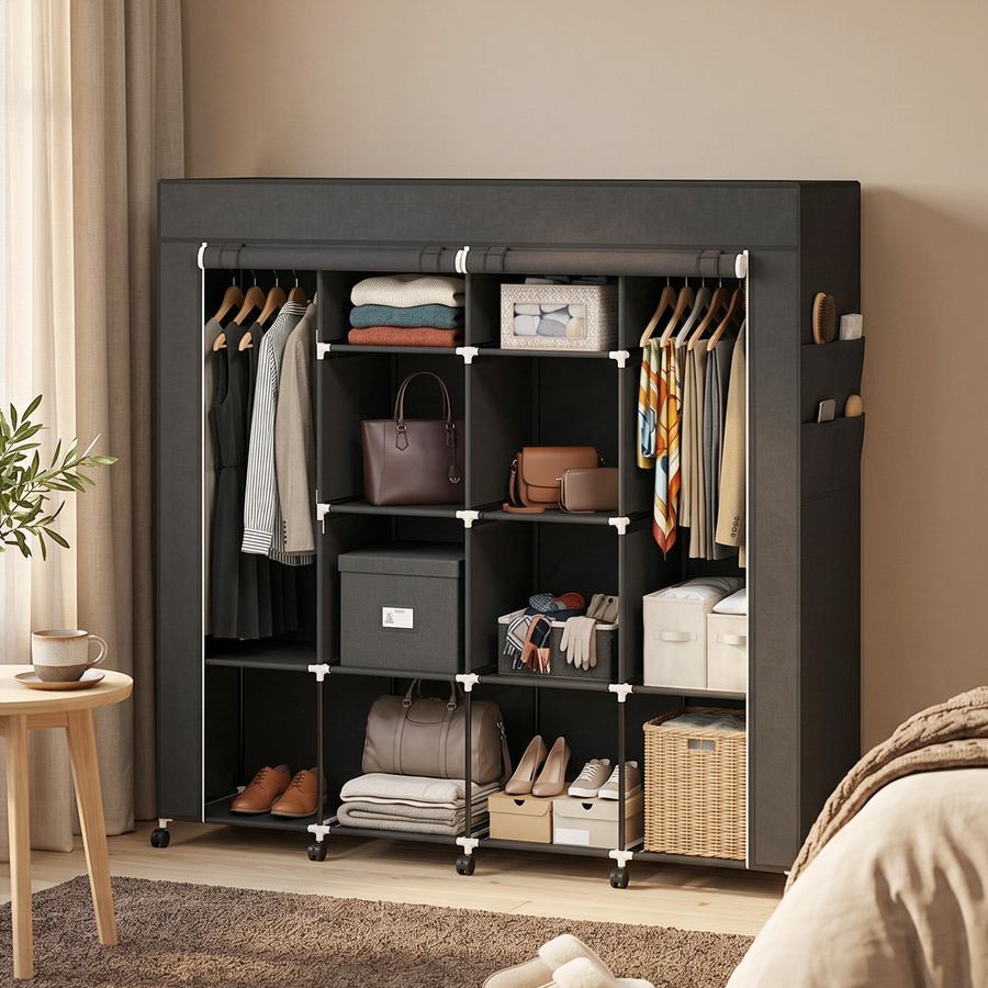 HOMCOM Stoff-Kleiderschrank mit Stahlgestell und aufrollbaren Türen, Schwarz, B/T/H: 166 x 42,5 x 167 cm - Bild 2