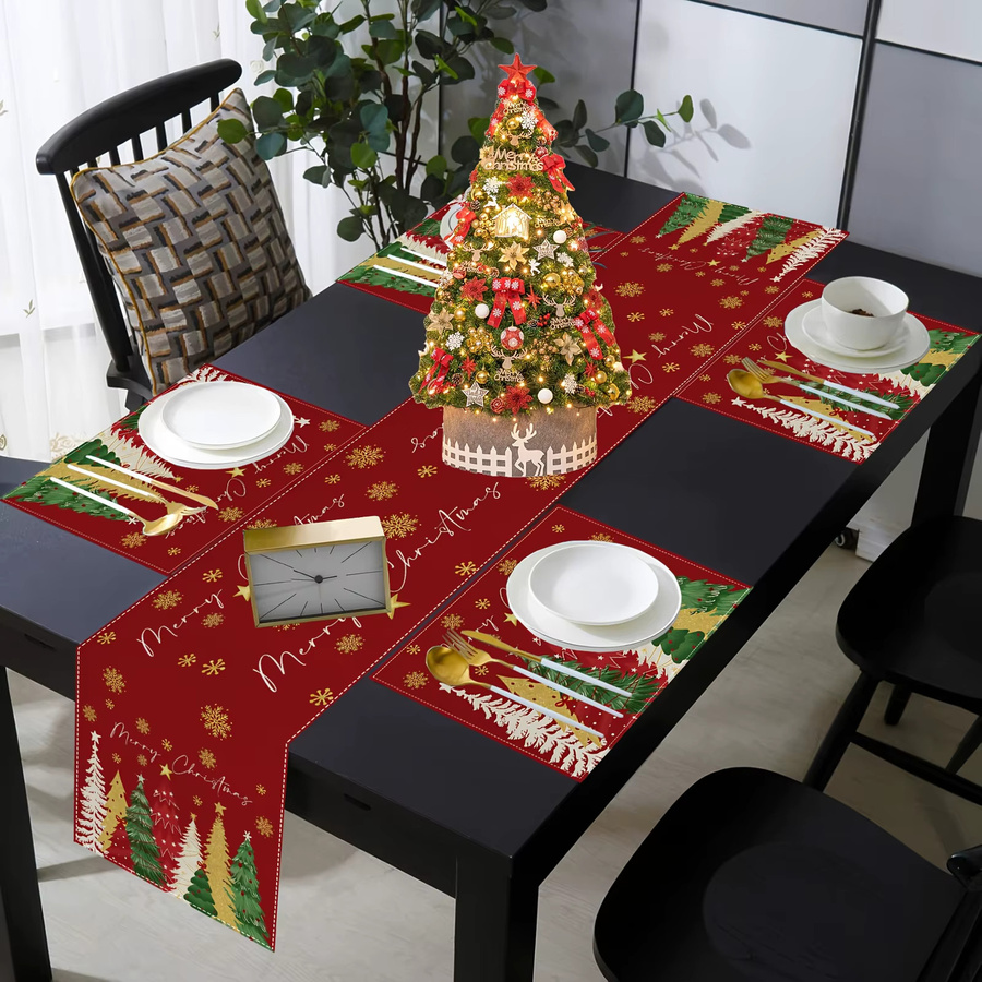 JIT Tischläufer Weihnachtsbaum und Schneeflocken Design in Rot, rechteckig aus Leinen - Bild 4