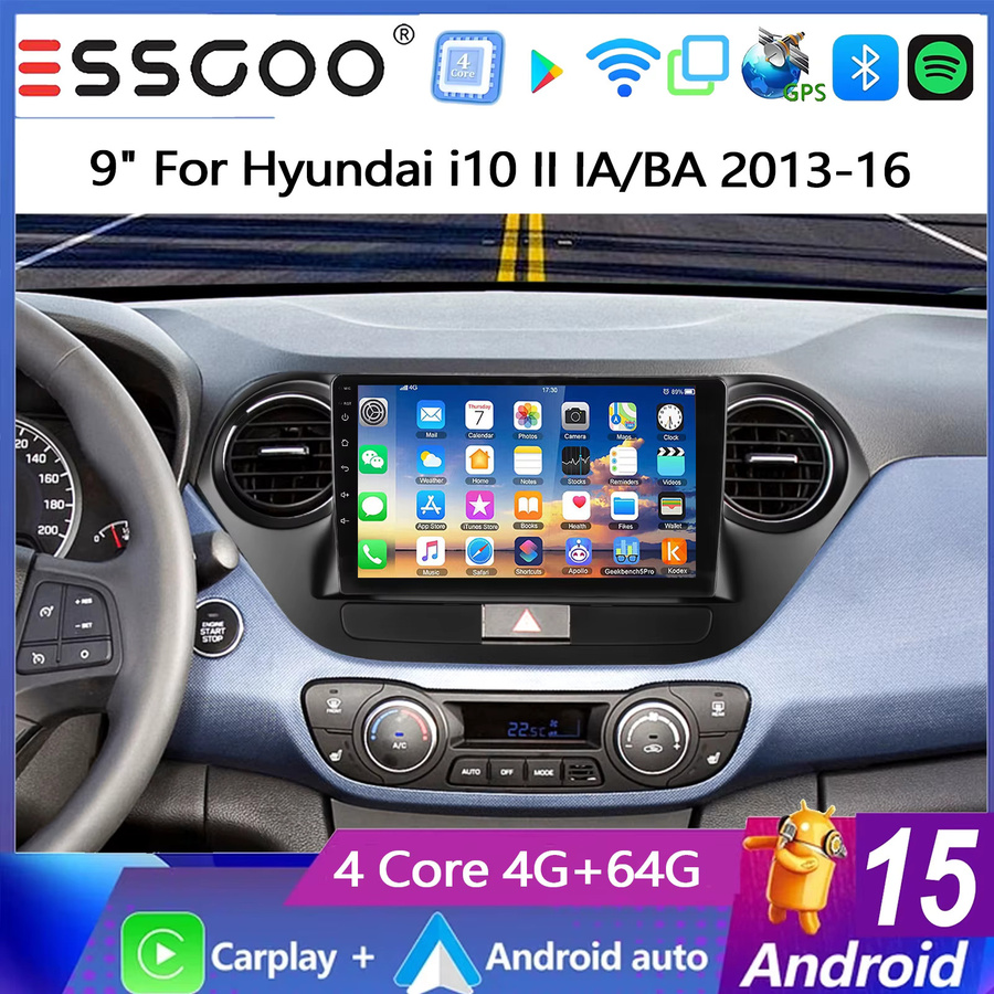 ESSGOO 9-Zoll Android 15 Autoradio für Hyundai i10 II IA/BA 2013-2016 mit 4+64G Speicher, GPS-Navigation, kabellosem Carplay, Android Auto, Bluetooth und Wifi in Schwarz - Bild 2