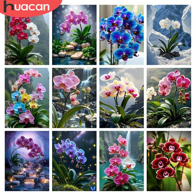 HUACAN Diamant-Mosaik Orchidee als Naturlandschaft mit runden Strasssteinen, B/H: 20 x 30 cm - Bild 1