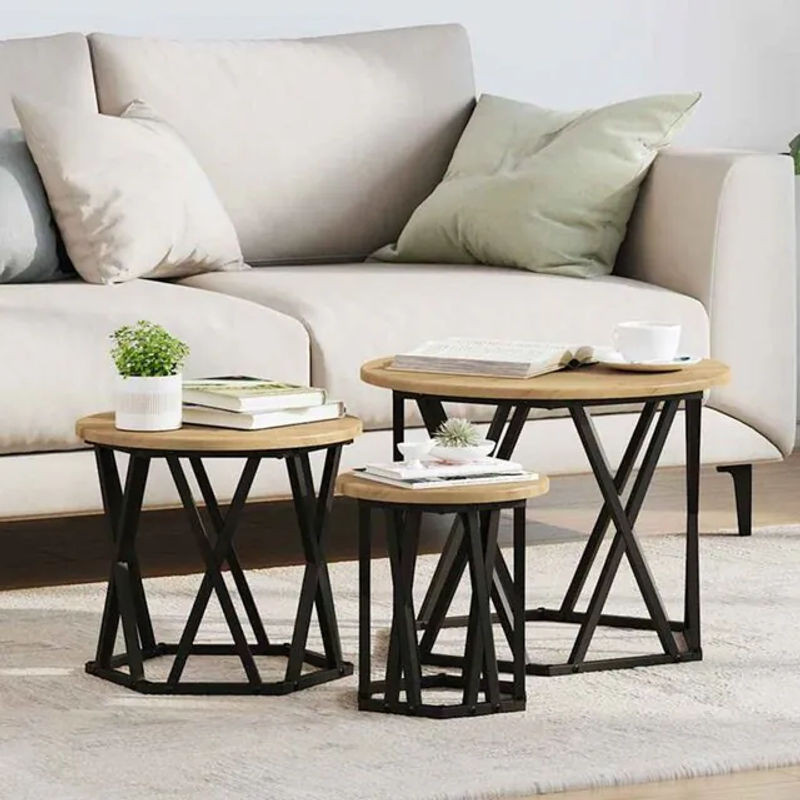 Vidaxl Nesting Satztisch 3er Set in Eiche Natur im Industrial Design, Rund, B/T/H: 53 x 53 x 40 cm - Bild 1