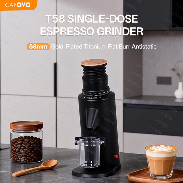 CAFOVO T58 Elektrische Einzeldosis-Espressomühle mit 58mm vergoldetem Titan-Flachmahlwerk in Schwarz und Gold - Bild 1