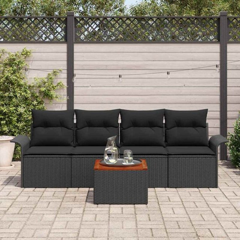Vidaxl Garten-Sofa-Set aus Polyrattan und Akazienholz mit Kissen, Schwarz, 5-teilig, B/T/H: 55 x 55 x 37 cm - Bild 1