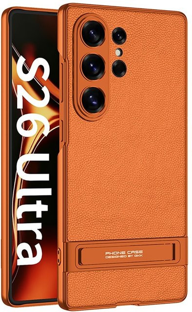 Samsung Handyhülle aus mattem Leder mit galvanisiertem unsichtbarem Ständer für Galaxy S26 Ultra, S25 Ultra und S24 Ultra in Orange - Bild 1