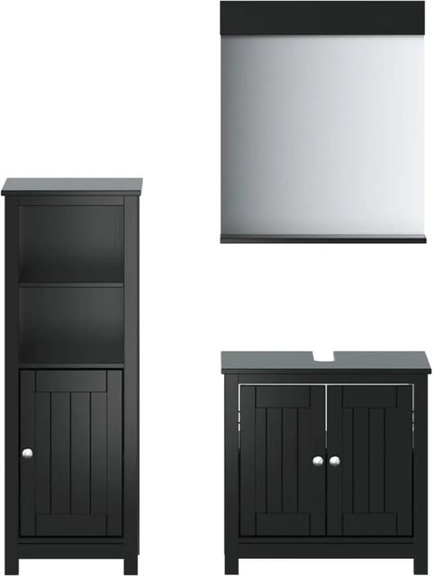 vidaXL 3-tlg Badmöbel-Set BERG aus Massivholz Kiefer in Schwarz, bestehend aus Waschtischunterschrank, Hochschrank und Spiegelschrank im rustikalen Design - Bild 1
