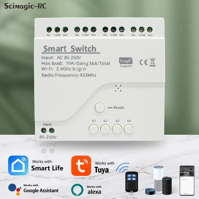 Tuya WiFi Smart Home Lichtschaltermodul mit 4-Kanal-Trockenkontakt-Empfänger und RF433 Fernbedienungsteuerung - Bild 1