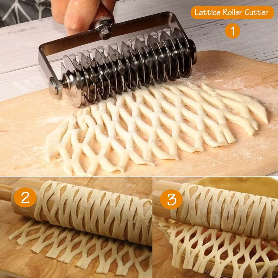 FEB.WIND Pizza-Gitterroller aus Edelstahl mit Holzgriff in Silber für Gebäck und Brot - Bild 3
