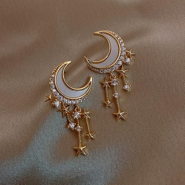 Happypilot Ohrringe, Mond-Stern-Anhänger, Gold, Damen, Zirkonia - Bild 1