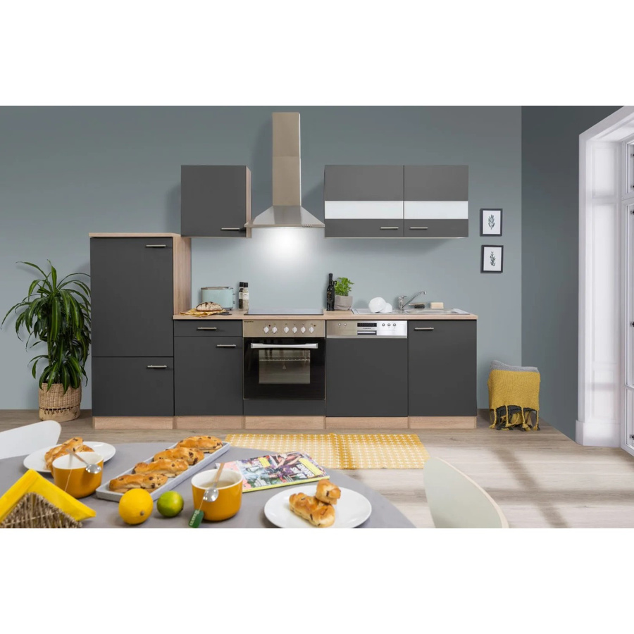 Respekta Küchenzeile KB280ESGC Modern in Grau-Eiche Sägerau mit Soft-Close-Türen und Glaselementen, Breite: 280 cm, Tiefe: 60 cm, Höhe: 82 cm - Bild 2