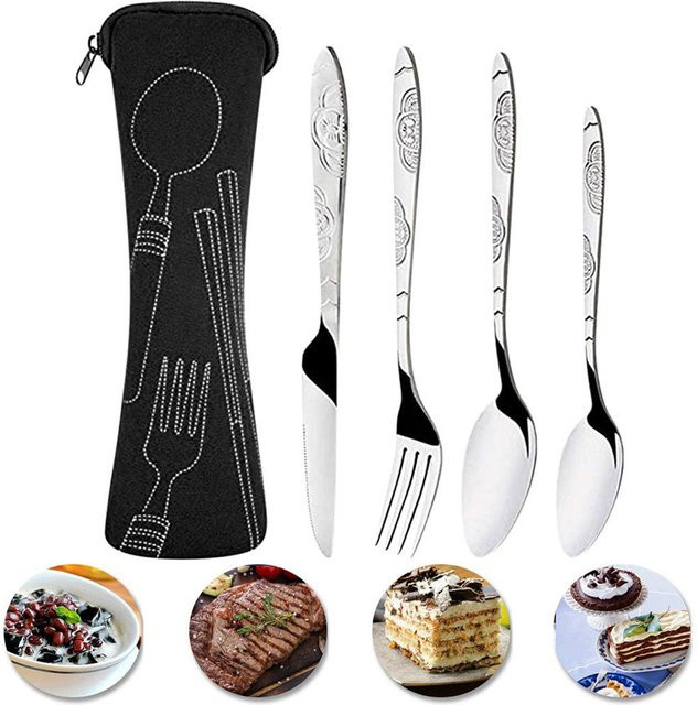 4-teiliges Besteckset von DIYelecs aus Edelstahl in Schwarz mit Etui, bestehend aus Messer, Gabel und Löffel - Bild 1