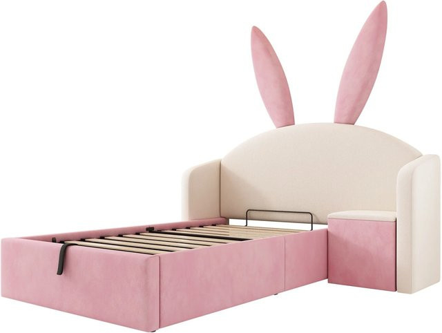 Merax Kinderbett mit Hasenohr Design und Stauraum in Beige und Pink, Samt, B/T/H: 90 x 190 x 143 cm - Bild 1
