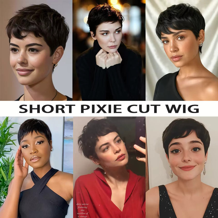 OYM HAIR Pixie-Perücke, schwarz, 100 % Echthaar, Damen - Bild 4