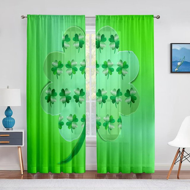 Transparenter Voile Vorhang mit grünem vierblättrigem Kleeblatt von Super Six, Farbe Grün, Breite: 100 cm, Höhe: 250 cm - Bild 1