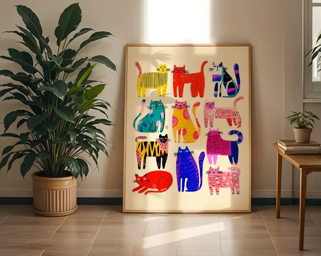 Abstrakter Pop-Art Katzen-Kunstdruck von SHENCHEN in Multicolor als wandmontiertes Porträt - Bild 4