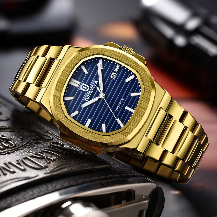 QINGXIYA Armbanduhr Quarz, Edelstahl, Gold, Eckig, Herren - Bild 4