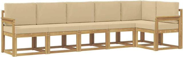 vidaXL Outdoor-Sofagarnitur 6-teilig in L-Form mit Kissen aus wetterfestem Polyester und Akazienholz in Weiß und Beige - Bild 1