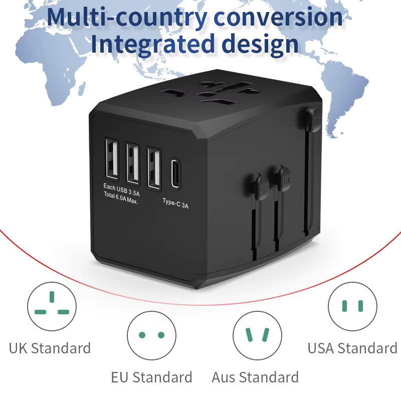 HKLAMIN Reise-Universalstecker Smart Power Adapter mit 3 USB-A und 1 USB-C Anschlüssen als schnelles Ladegerät für US-, EU-, UK- und Australien-Reisesteckdosen - Bild 5