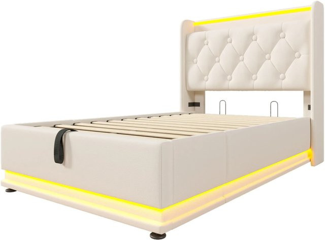 okwish Polsterbett Weiß mit LED-Unterbettbeleuchtung und USB-Ladeanschluss, Einzelbett mit Lift-up-Funktion, B/T/H: 90 x 200 x 104 cm - Bild 1