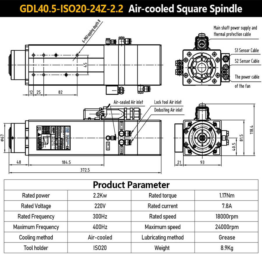 HQD ATC Spindelmotor 2200W für Holz, Aluminium und Weichmetall, ISO20, 18000-24000 U/min, 2,2kW AC, 200-240V, 1,17Nm - Bild 4