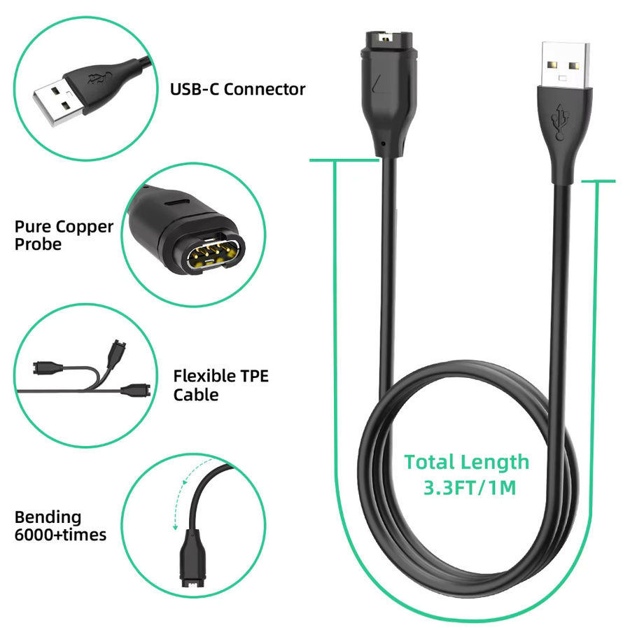 USB Smartwatch Ersatzladegerät in Schwarz passend für Garmin Approach S70 S60 S42 S40 S12 S10 G12 X10 und Instinct 2 2S 2X - Bild 2
