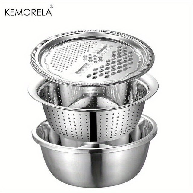 KEMORELA Multifunktionales Küchenwaschbecken aus Edelstahl in Silber, 2er-Set zum Waschen, Mischen und Entleeren von Obst und Gemüse, rund - Bild 1