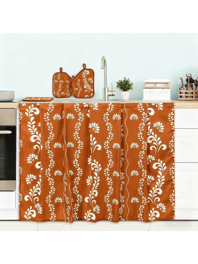 VIKAMA Staubschutzvorhang im mexikanischen Stil mit floralem Muster in Orange, B/H: 120 x 70 cm - Bild 4