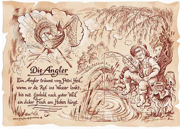 Tantum Graphic Sportbild Angler auf Antikpapier in Braun, Poster im Vintage-Stil - Bild 1