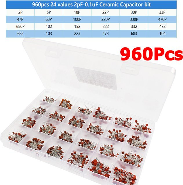 YTDMEN Keramikkondensator-Sortiment-Kit mit 960 Stück und 24 Werten von 2PF bis 0,1UF 50V inklusive Aufbewahrungsbox - Bild 1