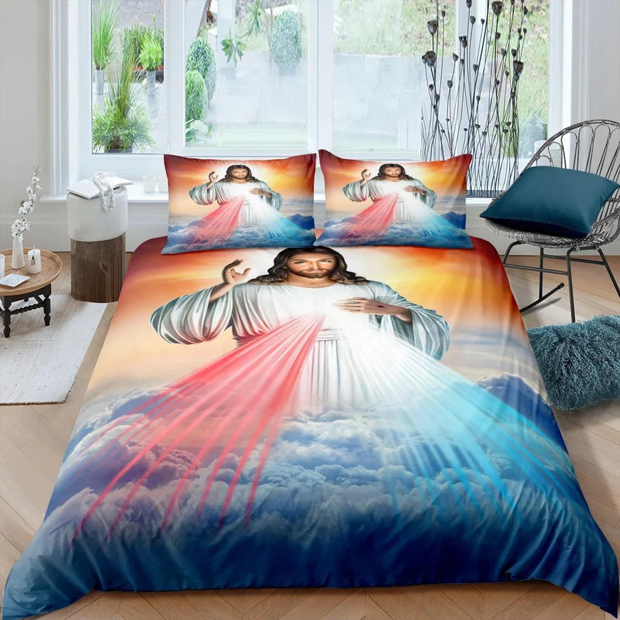 Christliches 3D Jesus Bettwäscheset mit Motiv Gott segne dich, weiches Microfaser-Bettwäscheset aus Polyester, Mehrfarbig, B/H: 133 x 70 cm - Bild 1