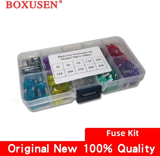 BOXUSEN Mini Auto Sicherungs-Set mit Sortimentsbox, 100 Stück, Multicolor, 10 verschiedene Ampere-Stärken von 0,5A bis 35A - Bild 1