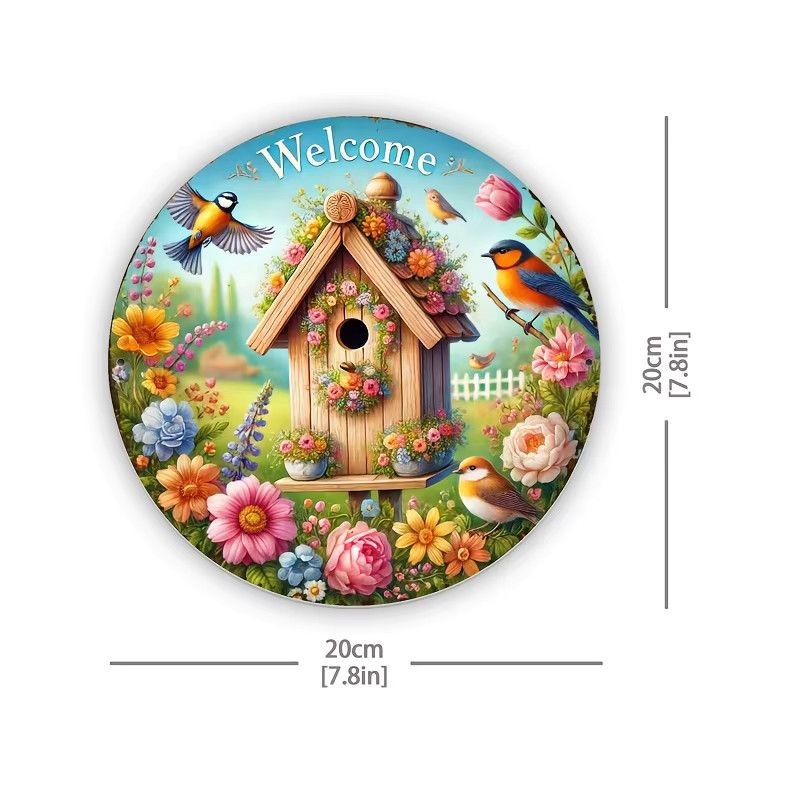 Rundes Willkommensschild aus Holz von Potdemiel mit Vogel und Blumen im Vintage-Stil, Multicolor, Durchmesser: 20,32 cm - Bild 2