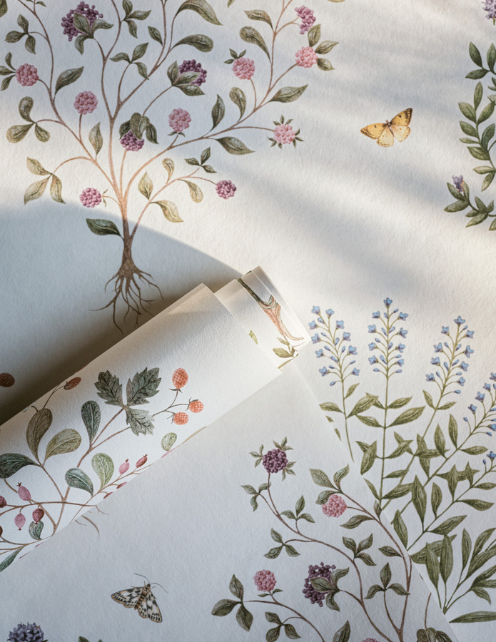Sanderson Tapete Thyme Walk in Damson & Quince mit floralem Naturmotiv und botanischem Design - Bild 1