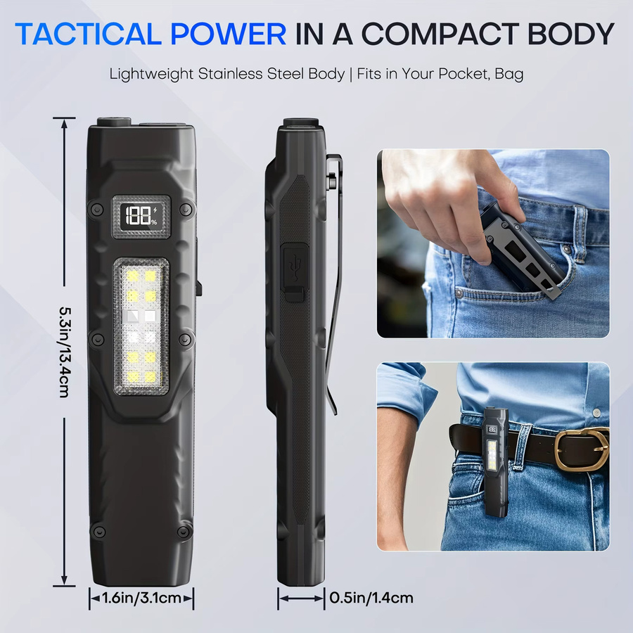 NEWBIRTH Taktische EDC-Taschenlampe in Schwarz mit 1100 lm, wiederaufladbare LED-Flachtaschenlampe mit Clip und Digitalanzeige - Bild 3