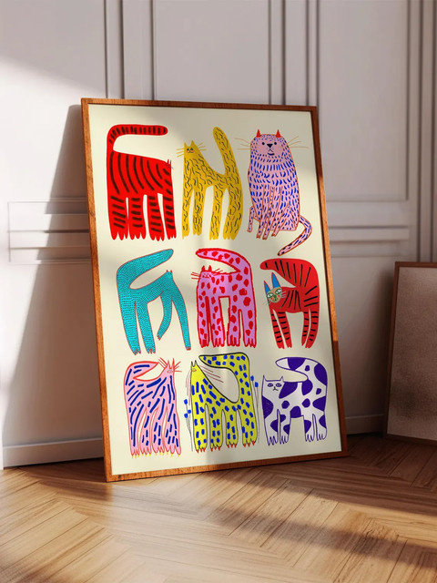 Abstrakter Katzen-Wandkunstdruck von SHENCHEN in Mehrfarbig und Gold mit modernen Tierillustrationen - Bild 1