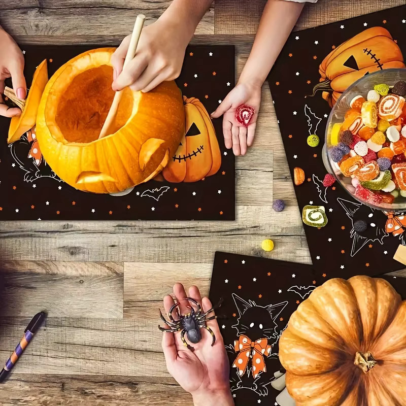 VIKAMA 4-teiliges Halloween-Tischset Set mit schwarzer Katze und Geist in Schwarz - Bild 2