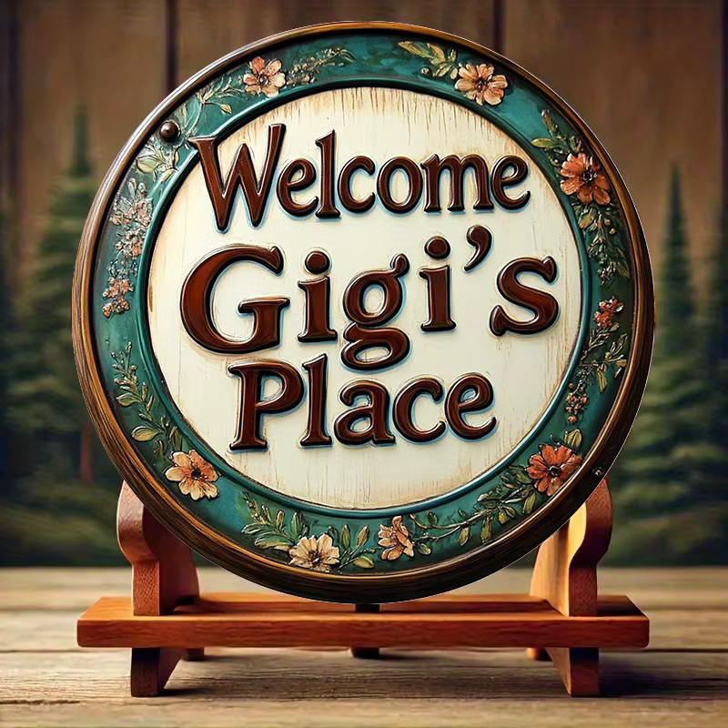 Rundes Aluminiumschild Potdemiel Welcome to Gigi's Place mit floralem Blumenmuster in Cyan und Braun, Wandkunst aus Metall, Durchmesser: 20 cm - Bild 3