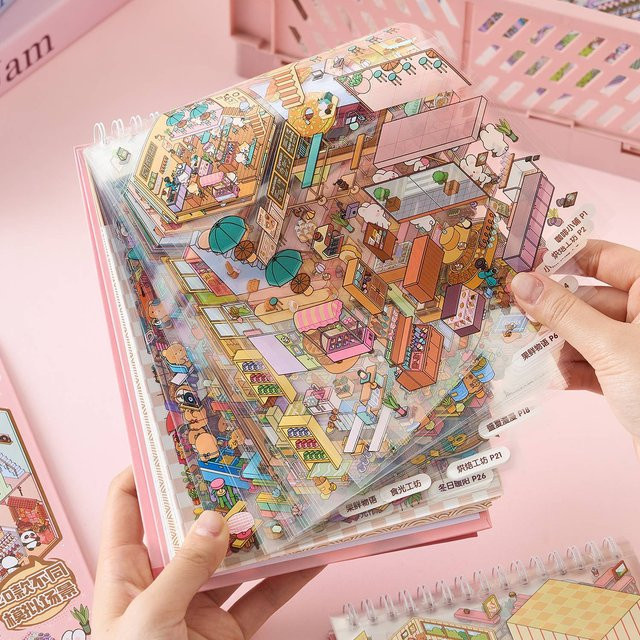 Kawaii Cute Shop 3D Sunshine Town Landschaft Stickerbuch, DIY Pocket Cabin Scene - Bild 1