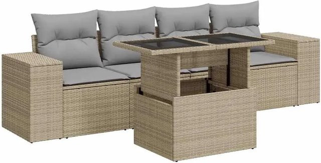 vidaXL 5-teilige Garten-Sofagarnitur aus Poly-Rattan mit Kissen in Beige-grau - Bild 1