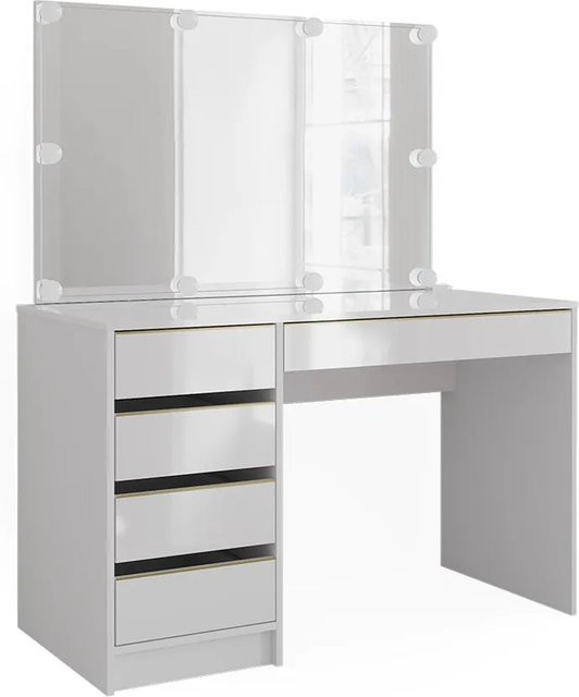 Vicco Schminktisch Sherry Weiß Hochglanz Gold mit LED Spiegel und 5 Schubladen B: 120 cm, T: 75 cm, H: 75 cm - Bild 2