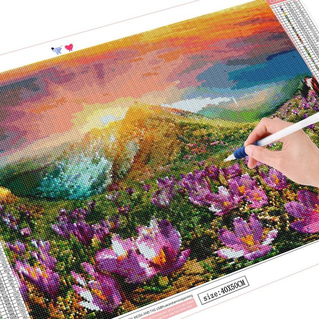FIYO Diamant-Malerei Sonnenuntergang Berglandschaft 5D-Diamant-Stickerei als Kunstbild zur Heimdekoration, Mehrfarbig, B x H: 30 x 20 cm - Bild 1