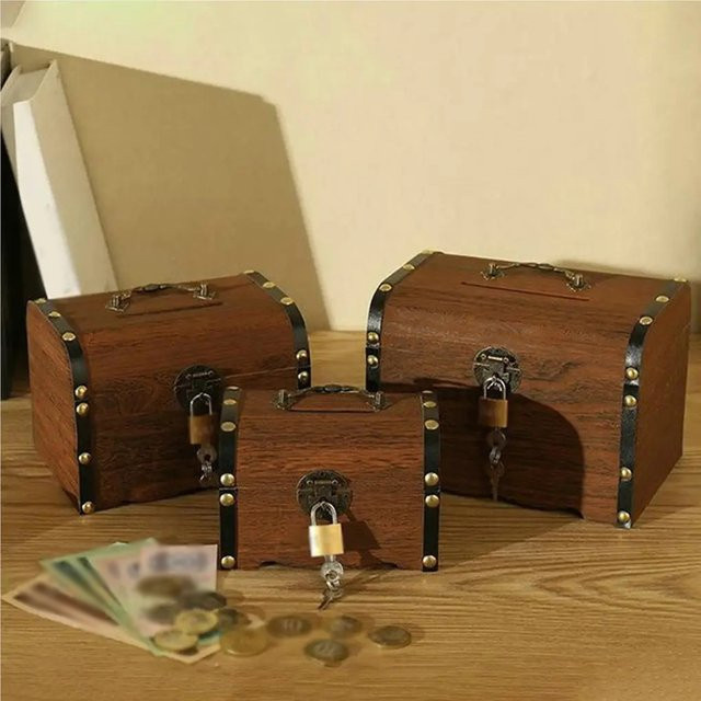 LEENKEA Spartopf aus Holz in Braun mit Schloss und Schlüssel als sicheres Sparschwein und Organizer im Vintage-Design, B/T/H: 14,5 x 10,0 x 9,5 cm - Bild 1