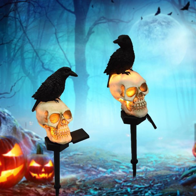 Solar-Halloween-Schädel-Pfahl-Lichter aus wasserfestem Harz und Kunststoff in Weiß und Schwarz mit warmweißem Licht für Garten und Außenbereich - Bild 1