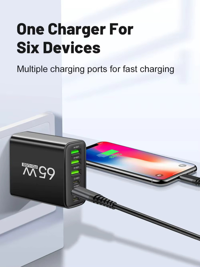 GUSEYEE 65 W USB C Schnellladegerät mit 6 Ports für iPhone, Samsung Galaxy und Xiaomi - Bild 4