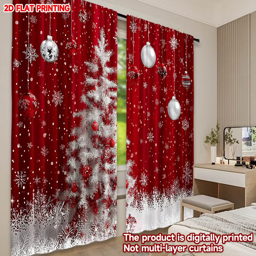 Set aus 2 weihnachtlichen Polyester-Vorhängen mit weißem Baum-Motiv in Weiß und Rot, semi-transparent und modern gestaltet - Bild 5